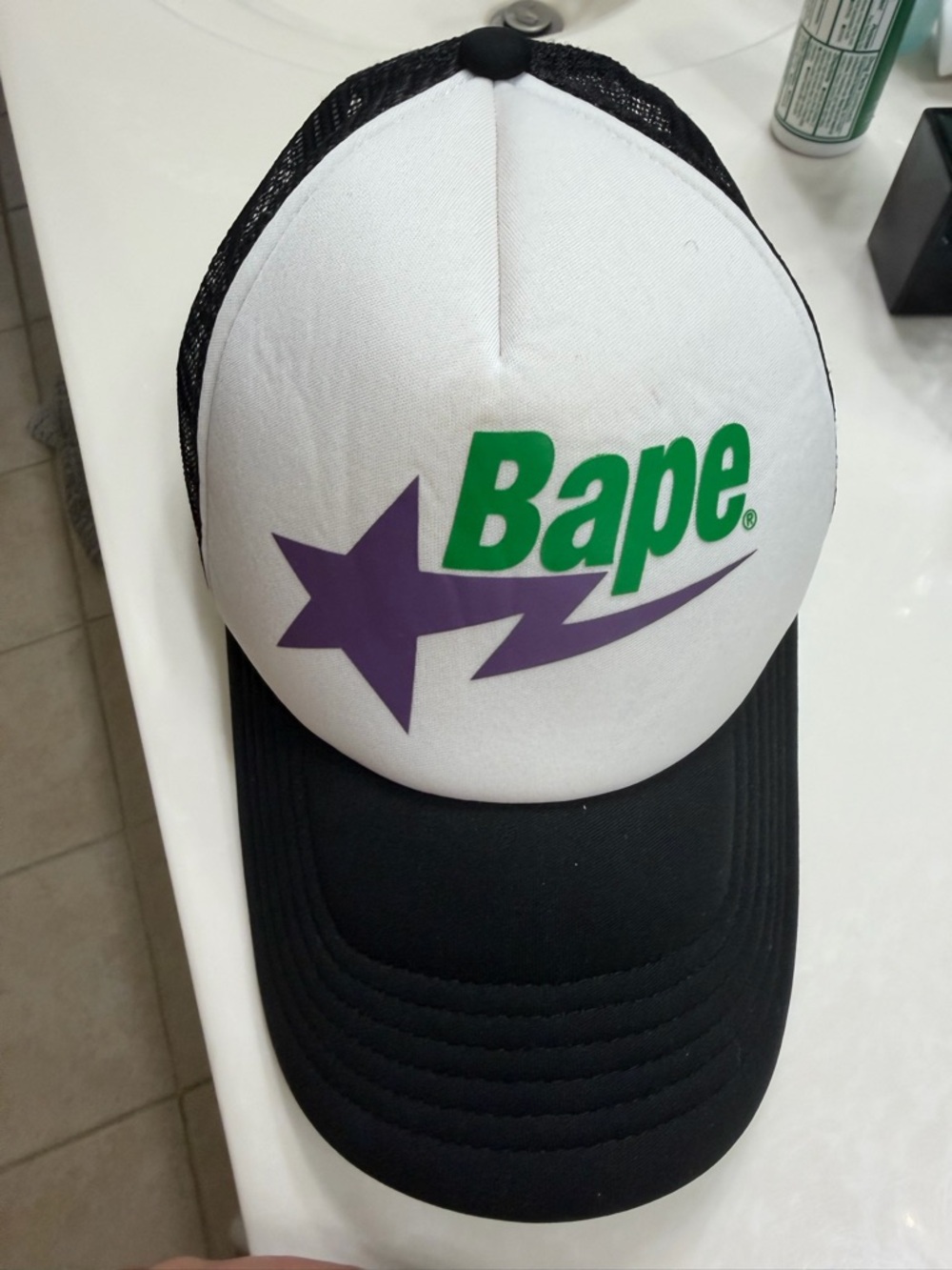 Bape White Front Black Trucker Hat with Green Logo and Purple Star